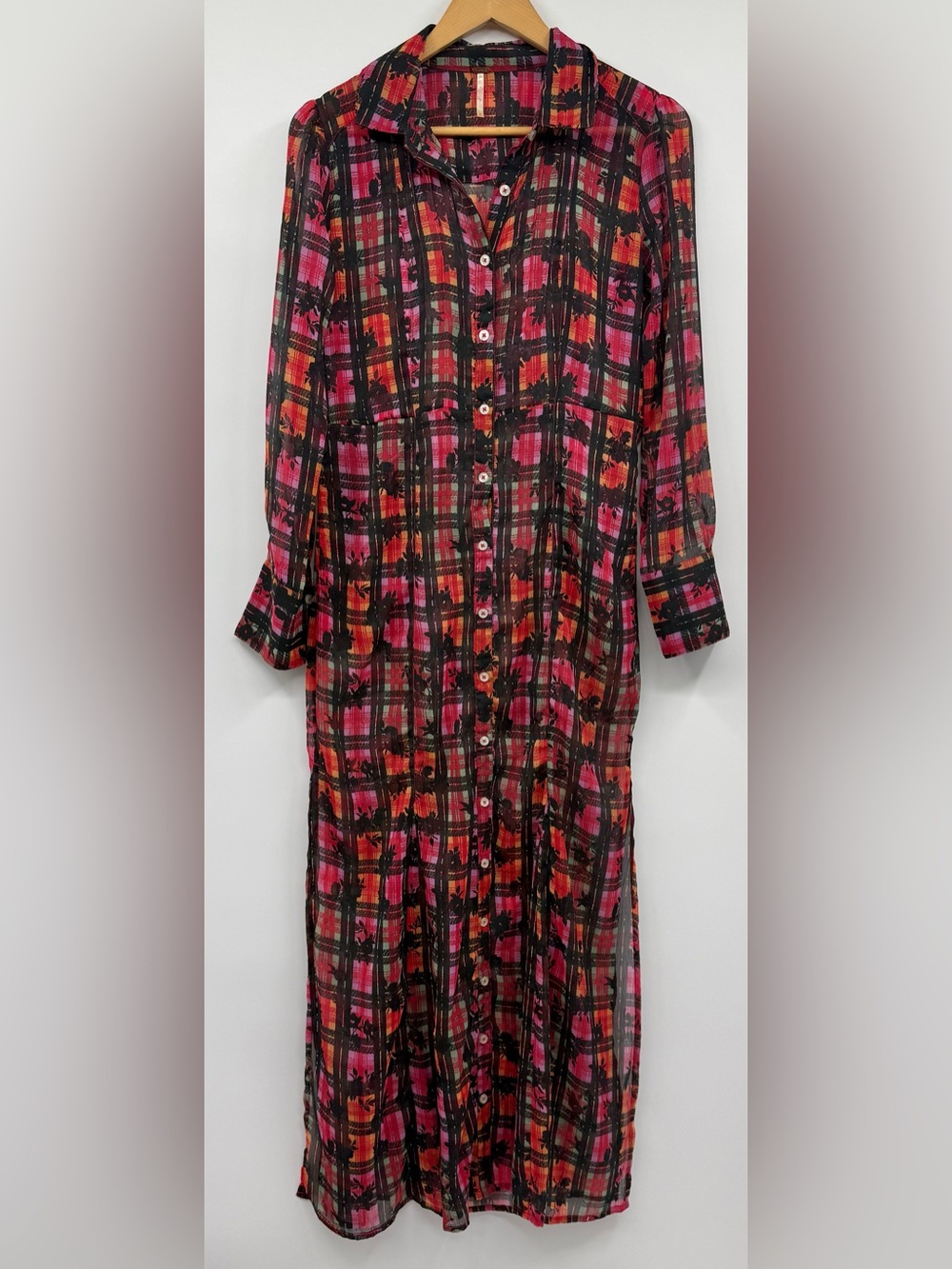 Free People Jerra Plaid Floral Maxi Shirt Dress Sheer Black Pink Orange XS Boho - Picture 4 of 9